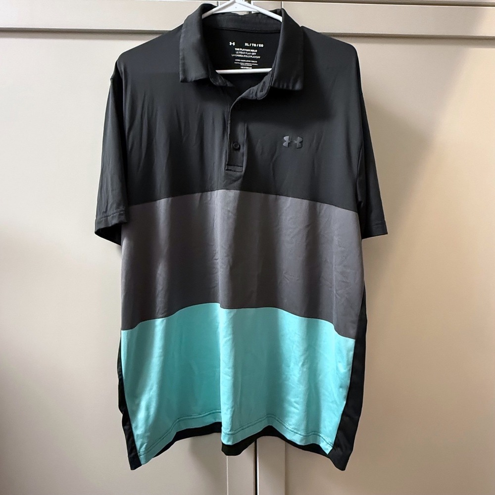 Under Armour Mens The Playoff Polo Shirt XL Black Grey Teal Colorblock HeatGear - Picture 2 of 8